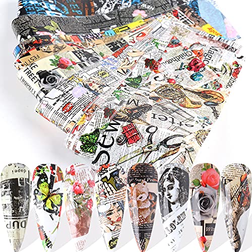Newspaper Nail Foil Transfer Sticker Nail Art Supplies Retro Words Flower Letters Nail Foils Nail Art Stickers Designer Foil Nail Decals Manicure Transfer Tips Nail Art Decoration (10 Sheets)