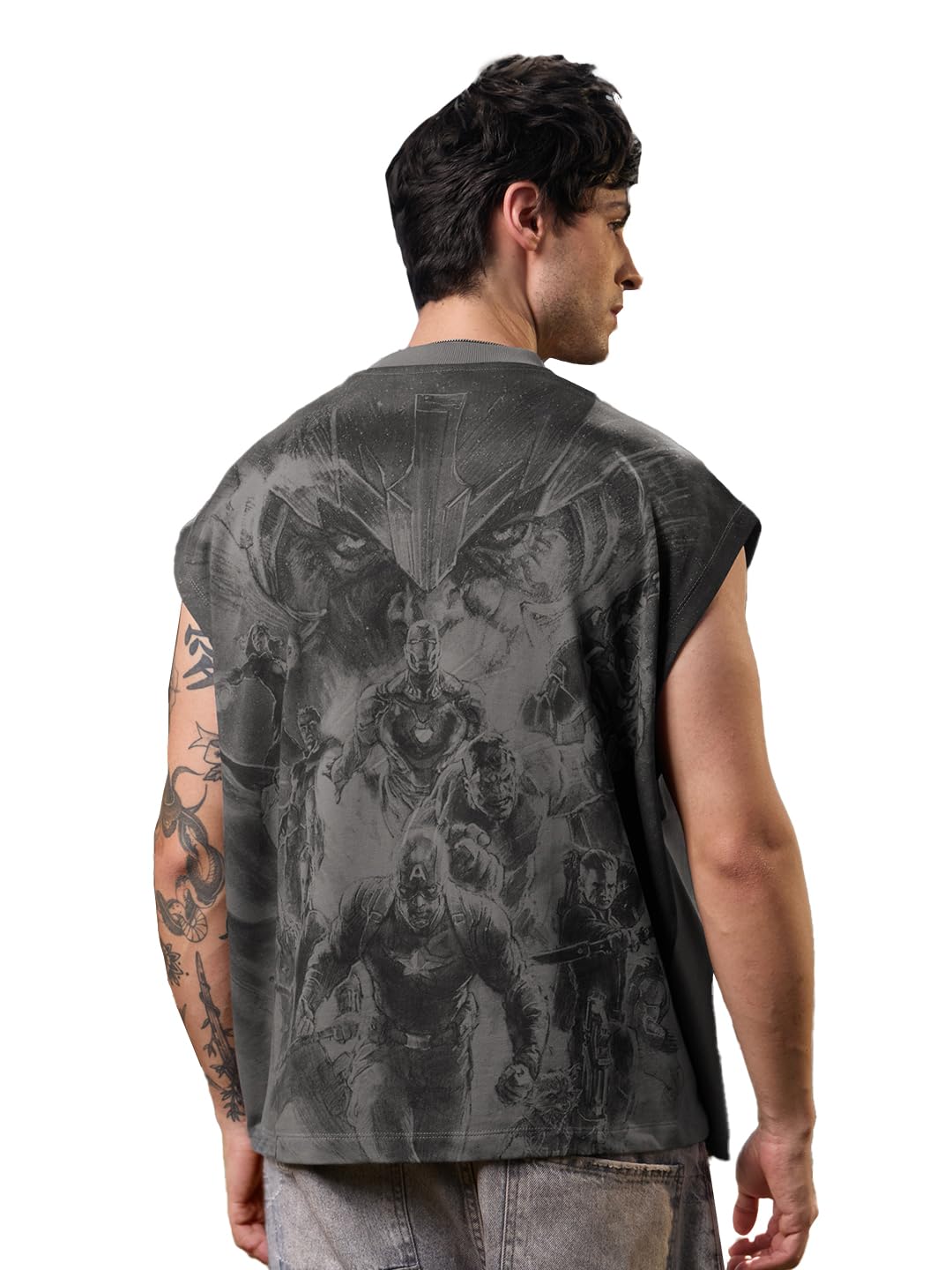 the souled store Marvel: The Avengers Men and Boys Sleeveless Round Neck Grey Graphic Printed Casual Lightweight Drop Shoulder Streetwear Trendy Cotton Oversized Vest-picture-44