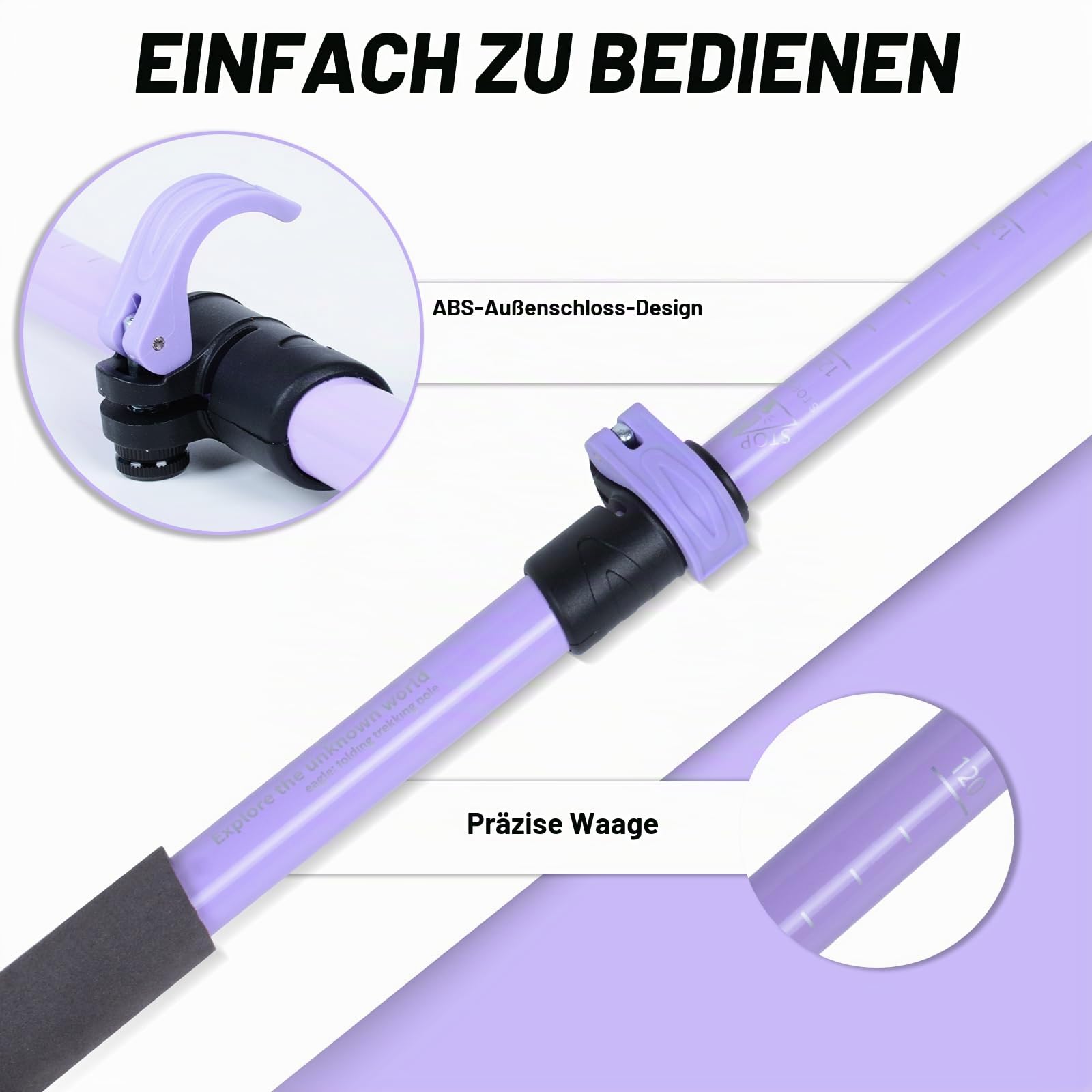 Qoosea Wanderstock für Damen, Premium Walking Stock Teleskop 110-125cm, [Kohlefaser] Faltbarer Trekkingstock mit Gummipuffer & Tasche, Hiking Pole für Wandern, Nordic Walking und Skitouren