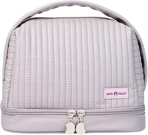 Miniatura 7 de Bolsa de maquillaje portátil de doble capa de viaje para mujer, organizador de cuero PU impermeable, Azulclaro