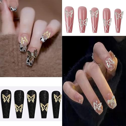 Miniatura 18 de Dijes de mariposa 3D para uñas, 100 piezas de dijes de mariposa para uñas, dijes plateados y dorados para uñas acrílicas, accesorios de arte de uñas