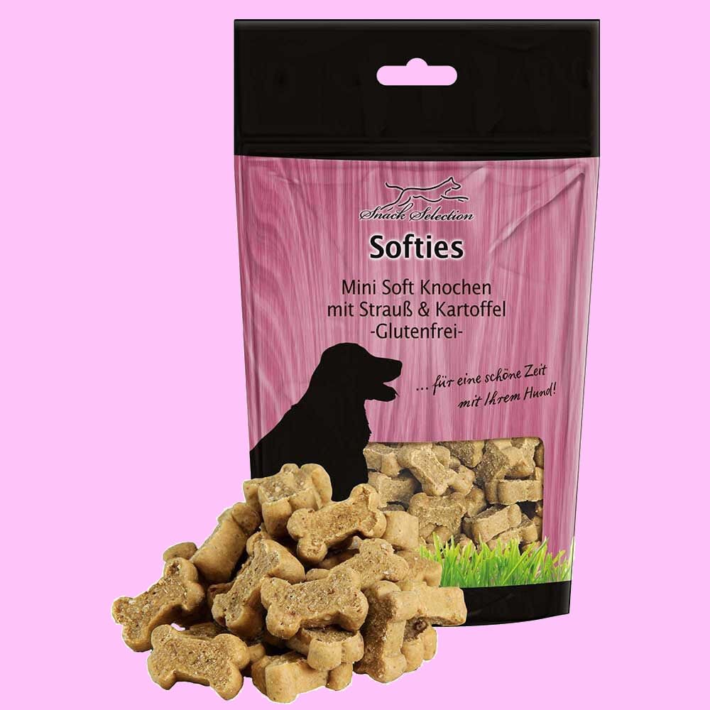 12 x 200 g Greenhound Softies Mini - Soft Knochen -Glutenfrei- (200 g (12er Pack), Strauß & Kartoffel)