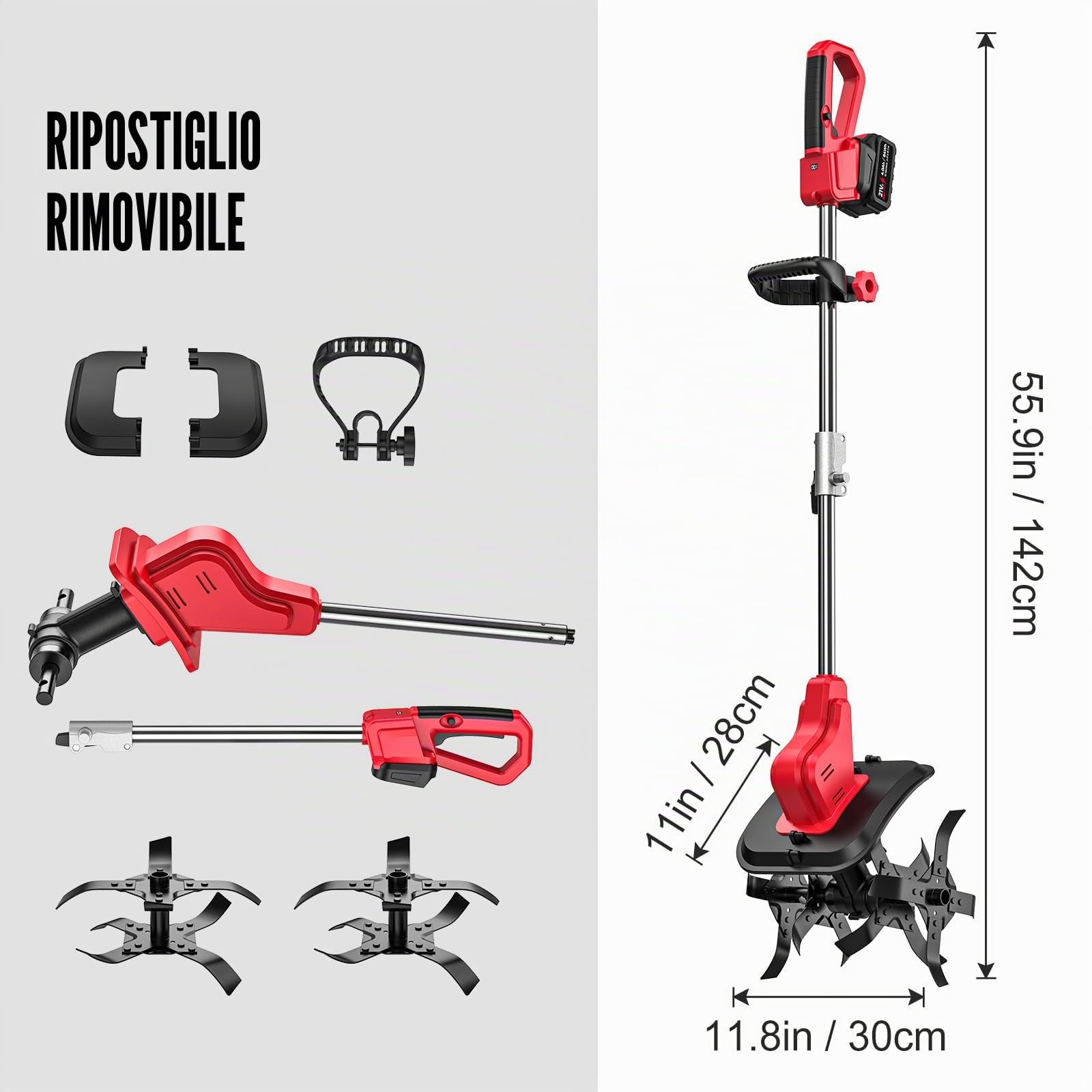Fresa da giardino, mini motozappa, batteria da 21 V, 550 W, larghezza di lavoro 30 cm, profondità di lavoro 200 mm, 4 robusti coltelli da hacking, manico pieghevole, per piccole aiuole e giardino (2
