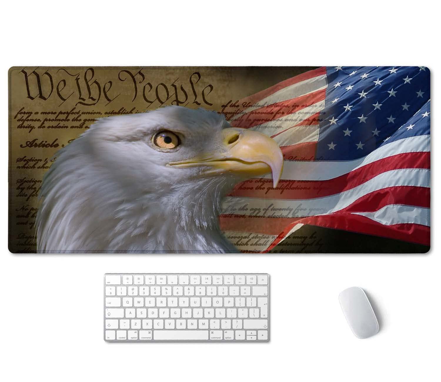 SSOIU Bald Eagle on American Flag Mouse Pad 35.5 X 15.7 Inch XXL Full Desk Mousepad Extended Large Non-Slip Rubber Base Waterproof Big Keyboard Mat
