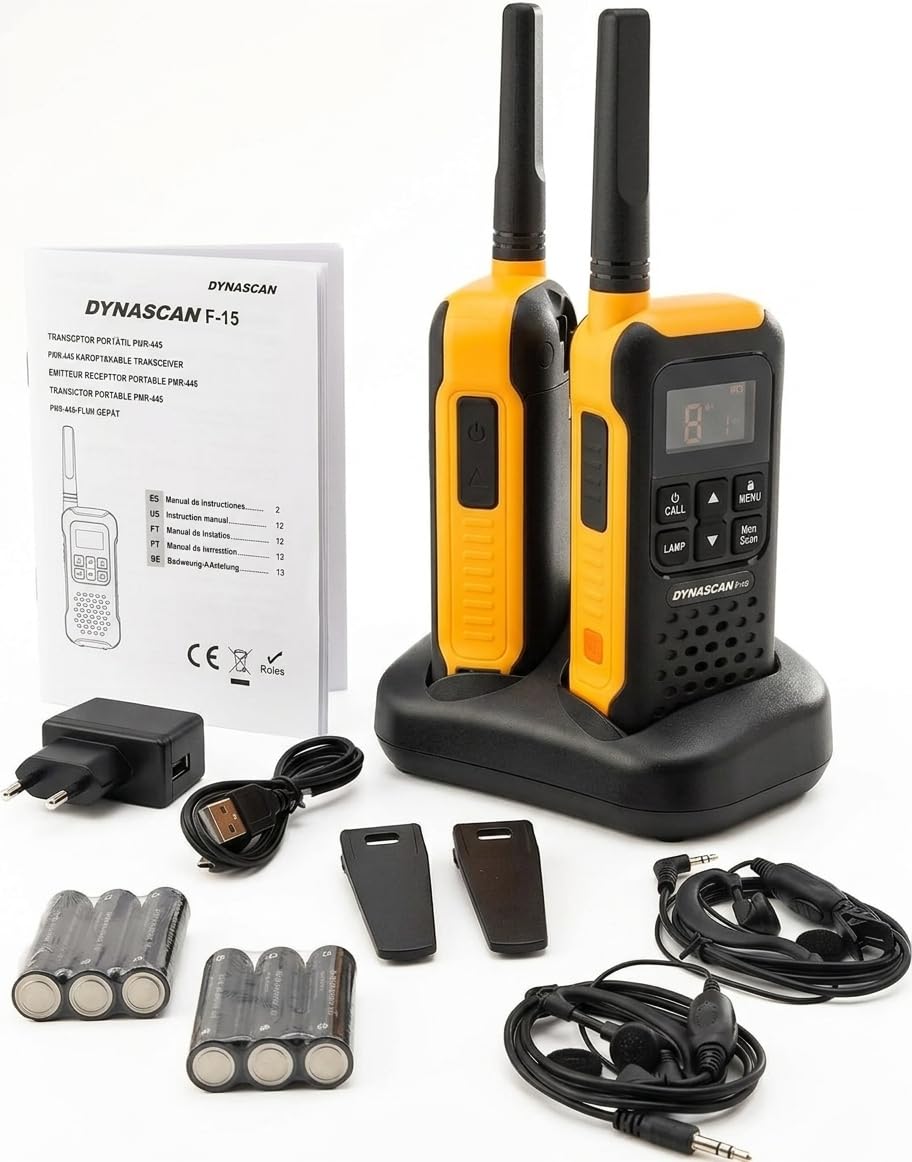 Dynascan F-15 Coppia Walkie Talkie Impermeabili IP67 Uso Libero PMR446, Ricetrasmittenti Galleggianti con SOS, Torcia LED, Funzione VOX, 16 Canali e Auricolari Inclusi