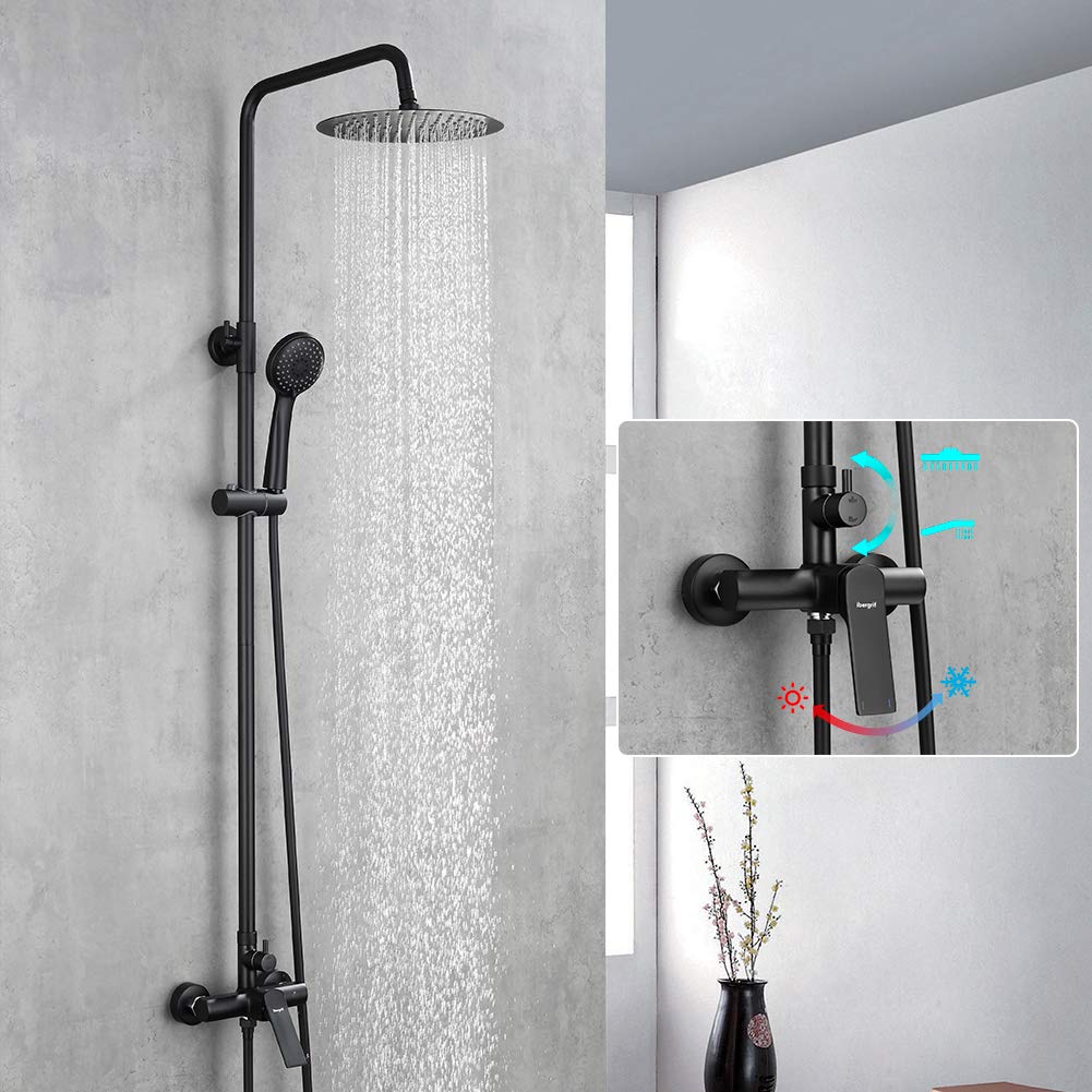 Ibergrif M17004B Columna Ducha Negra, Duchas de Baño Columna con Rociador, Alcachofa, Manguera, Barra Ajustable y Soporte, Cómodo, Barra Ducha Pared 2 Experiencias de Baño