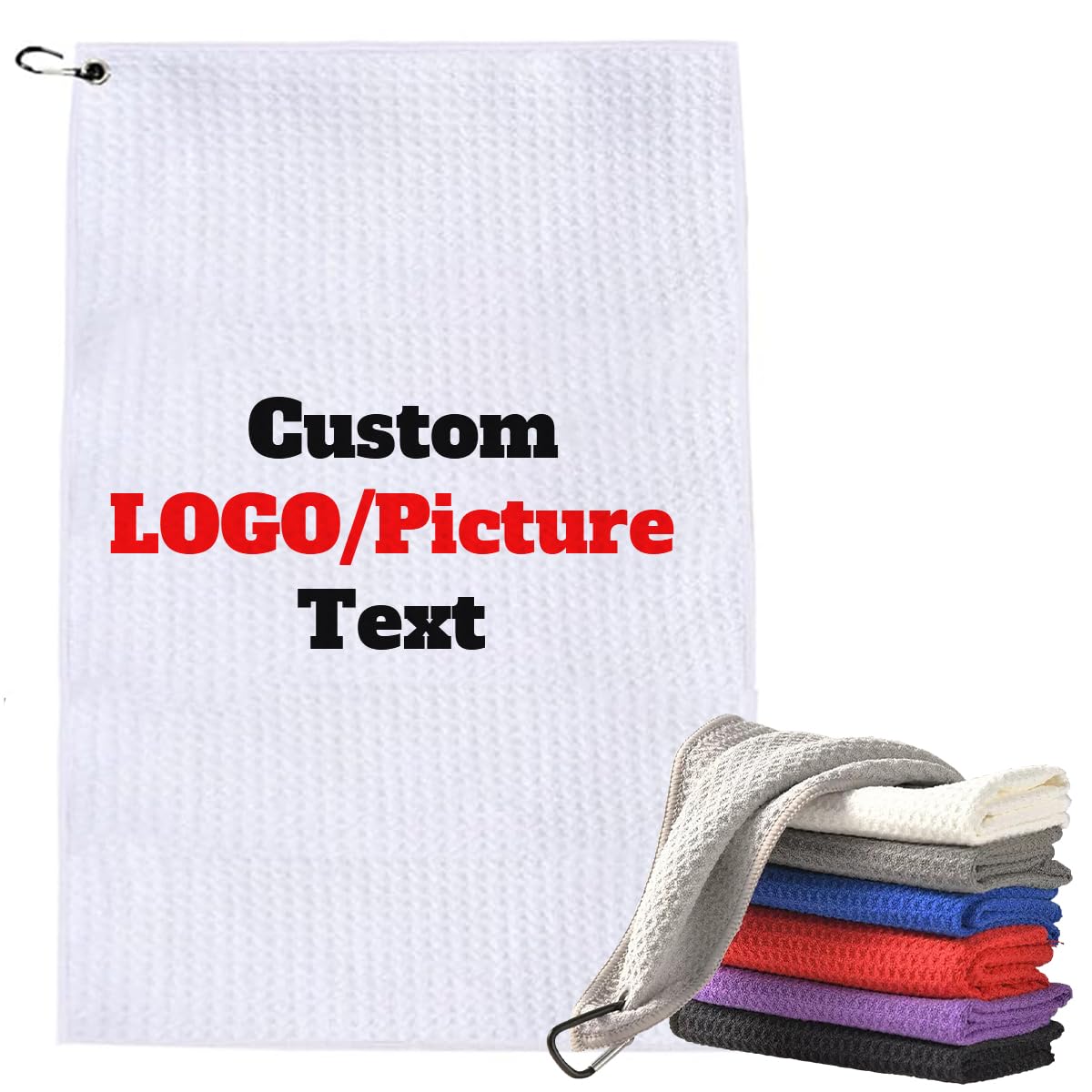 Personalized Golf Towel with Clip,1-100Pcs Bulk Custom Microfiber Sports Player Logo Team Rally Customized Photo Design Text Name Ad Picture Gift 15.7x15.7 Inch