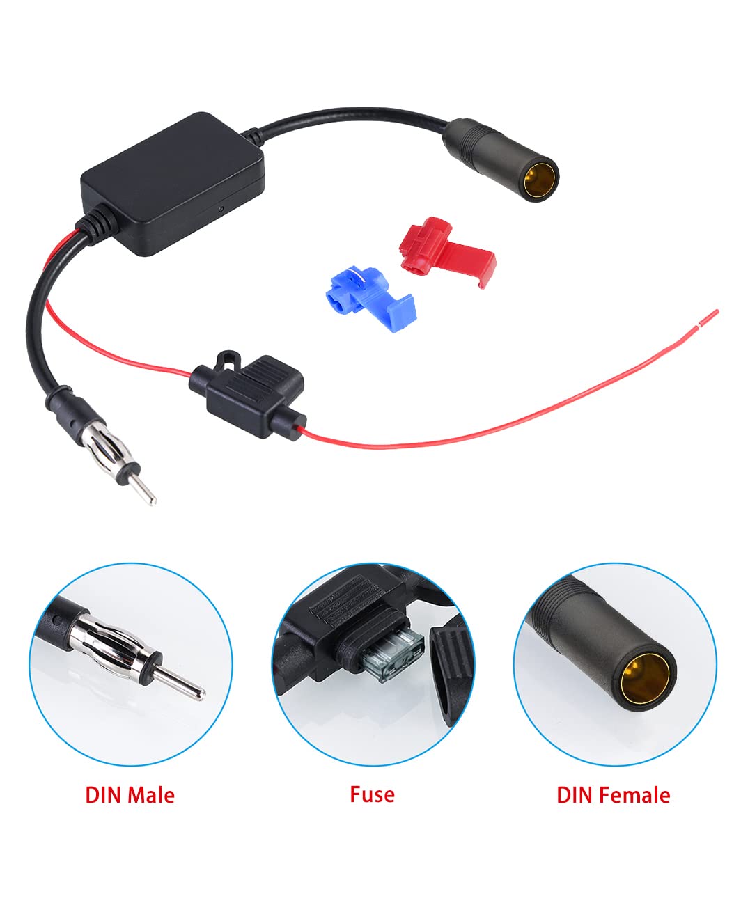 Vecys FM/AM DAB DAB+ Antena Samochodowa Wzmacniacz Sygnału Wzmacniacz DIN żeński do DIN Męski Adapter 12V Digital Radio Antena Splitter Antena Wzmacniacz dla Audio Stereo Digital Car Radio