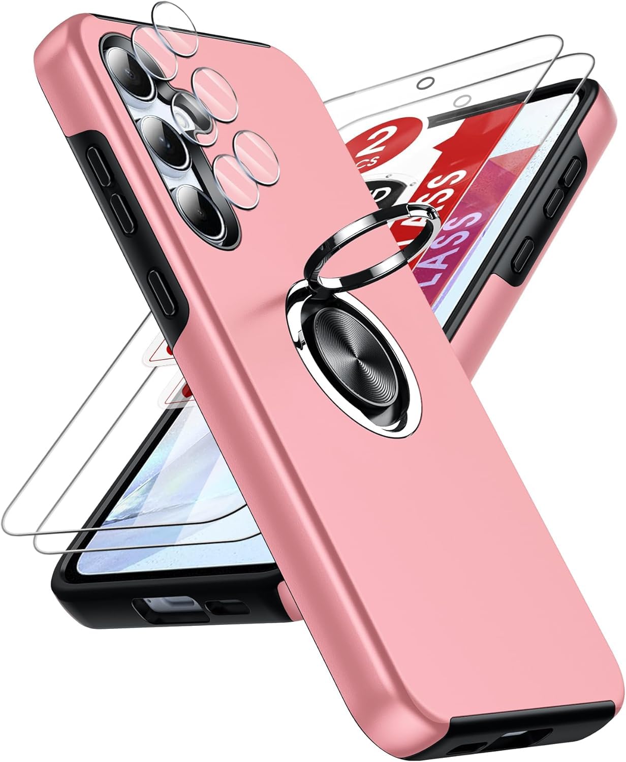 LeYi Hülle für Samsung Galaxy A55 5G Handyhülle mit 2*Schutzfolie & 2*Kamera Folie, TPU Militärschutz Hybrid Samsung A 55 Schutzhülle mit 360° Metall Ring Halter Ständer Stoßfest Case Cover Rosa