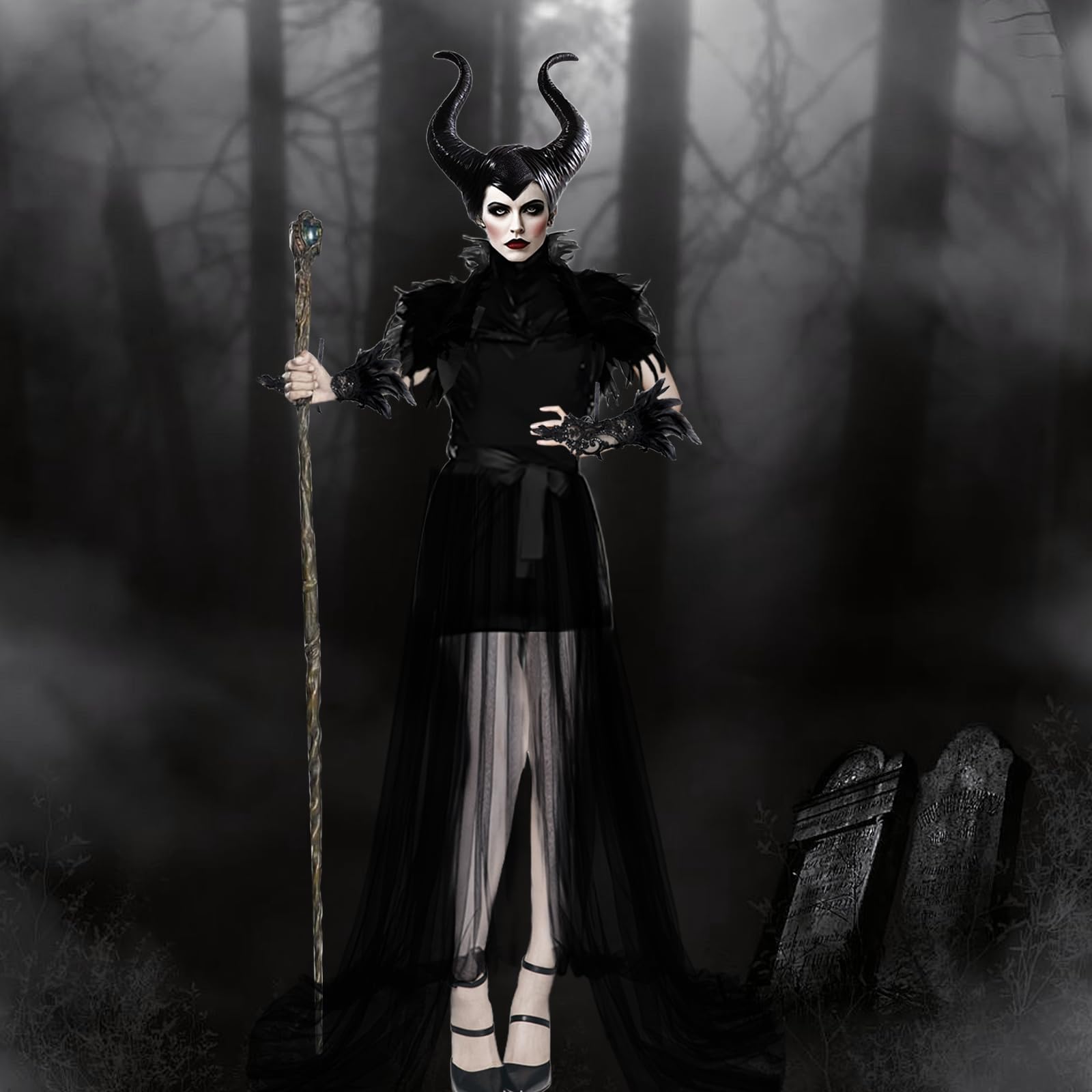 Maleficent kostium damski: kostium diabła, zestaw Maleficent rogi z peleryną z piór, koronkowe rękawiczki i długa spódnica tiulowa na Halloween, karnawał, imprezę Cosplay