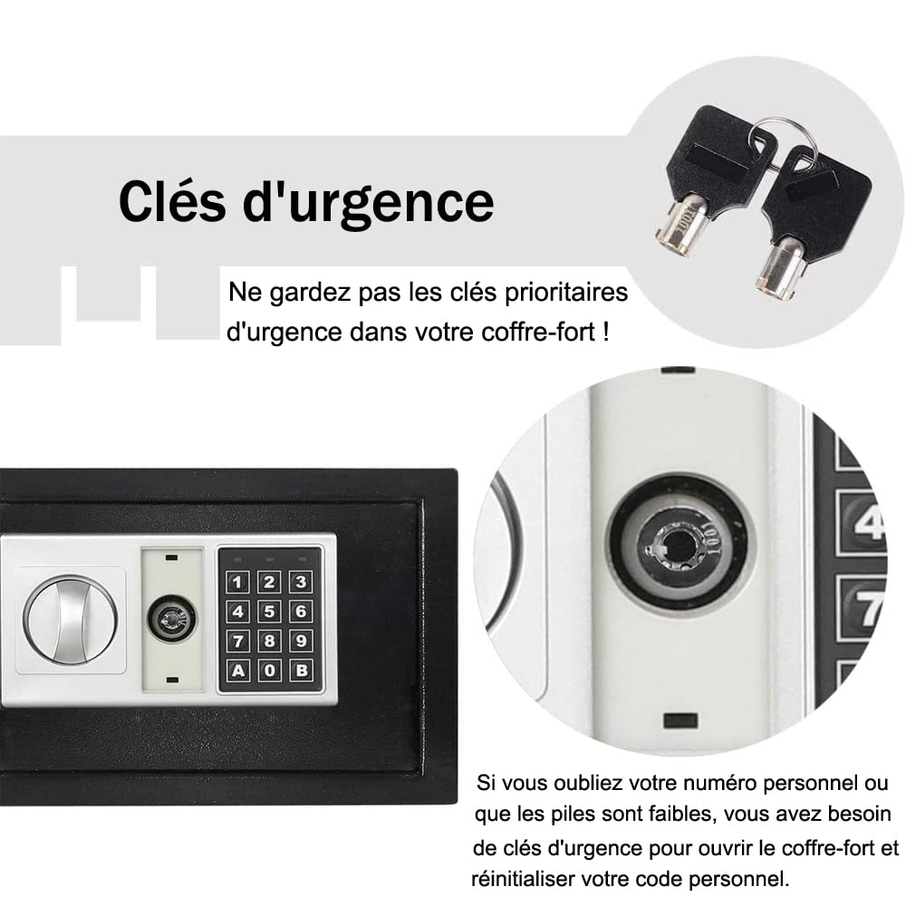 8,5L Coffre Fort Mural, Meubles Coffre-fort avec Serrure à Combinaison et 2 Clés d'urgence, Deux Boulon de Verrouillage, Pour Protéger Argent, Document, Bijoux, Noir-31x20x20cm