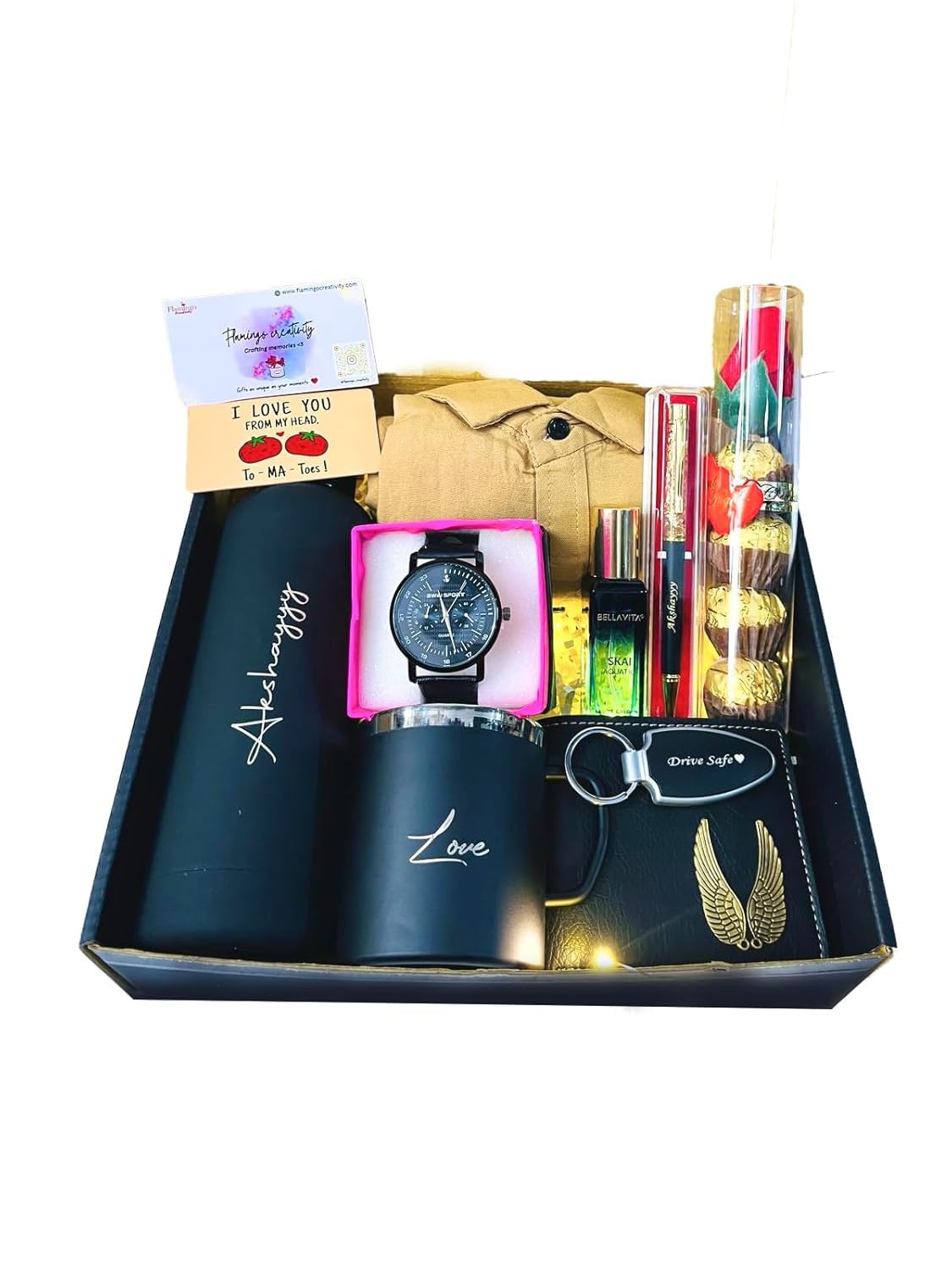 Gift Set for Him – Personalized Hamper with Black Rubber Bottle, Shirt, Watch, Wallet, Mug, Pen, Perfume, LED Keychain, & More – Ideal for Birthday, Valentine Combo Set-image-45