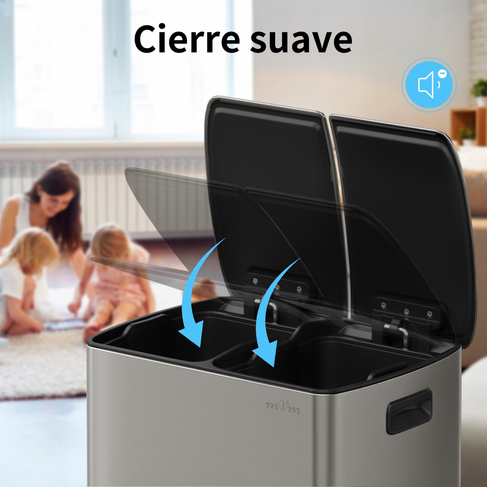 mVm Cubo de Basura Reciclable, Basurero de 60 L, 2 Compartimentos 2 x 30L con Pedal y Tapa de Cierre Suave, Papelera Moderna y Robusta, para Cocina, Salón, Gris