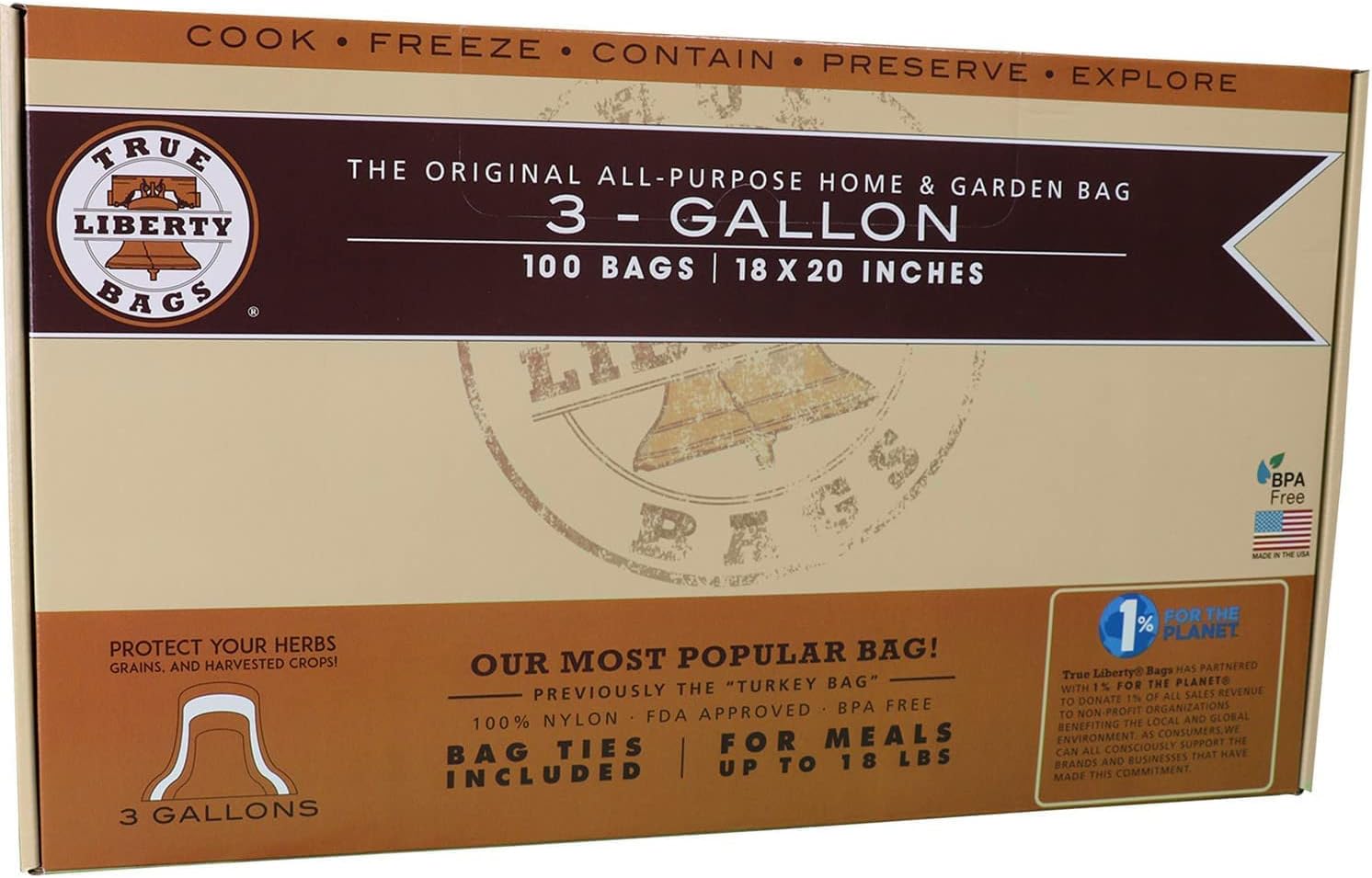True Liberty BagsTrue Liberty All Purpose Plastic Bags for Trash, Yard Waste, Food Storage, Baking, Brining or Roasting, 3 Gallon, 100 Pack