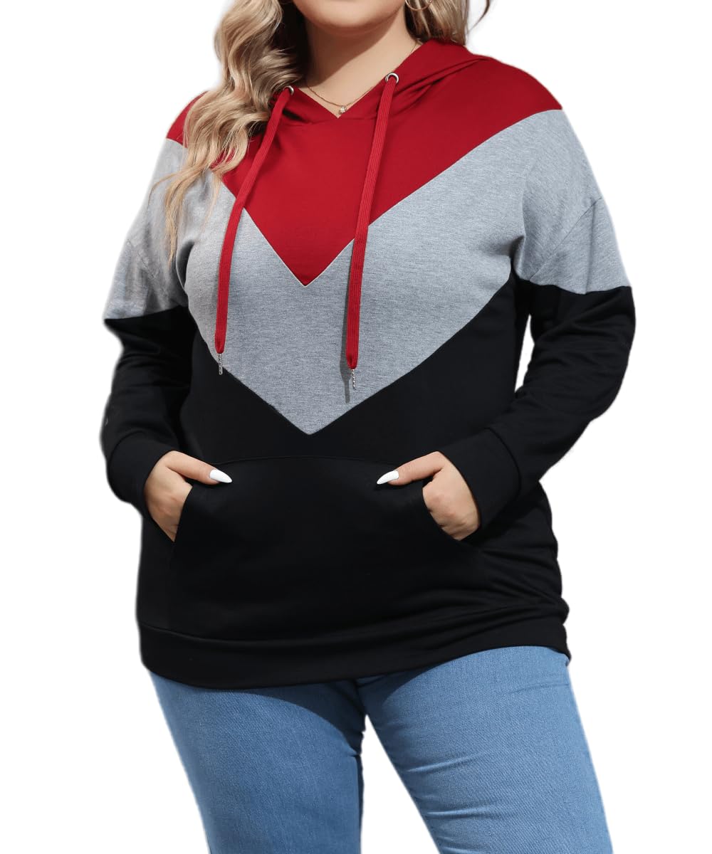 YOXUAWomens Plus Size Hoodies, Long Sleeve Color Block Pullover Drawstring Shirts TopsSweatshirts with Pocket XL-5XL