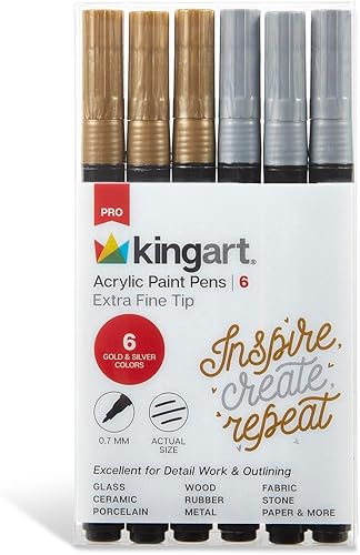KINGART 453-6B PRO - Bolígrafos de pintura extrafina color dorado y plateado metálico, punta de 0.028 in, 6 marcadores de pintura acrílica, bajo
