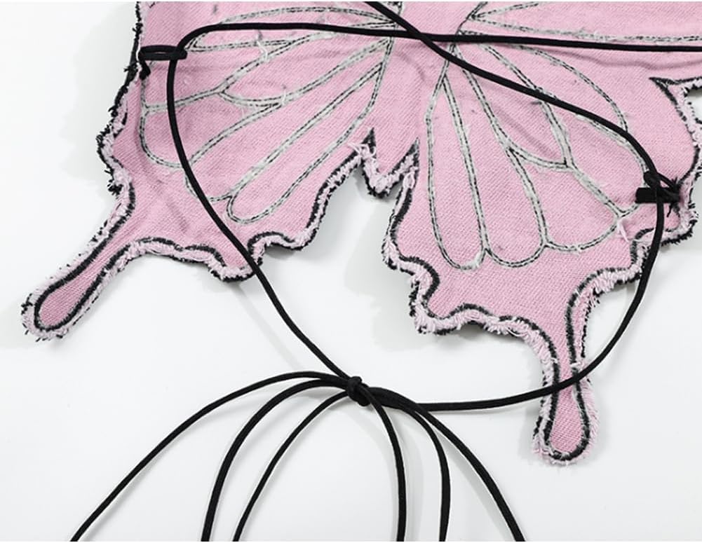 Women's Y2k Denim Butterfly Halter Crop Top Sexy Lace Up Backless Camisole Jean Tube Vest Top Rave Outfits - Image 6