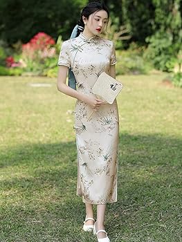 シルク チャイナ風 ロング ワンピース 金茶 Aライン 刺繍 花柄 上品