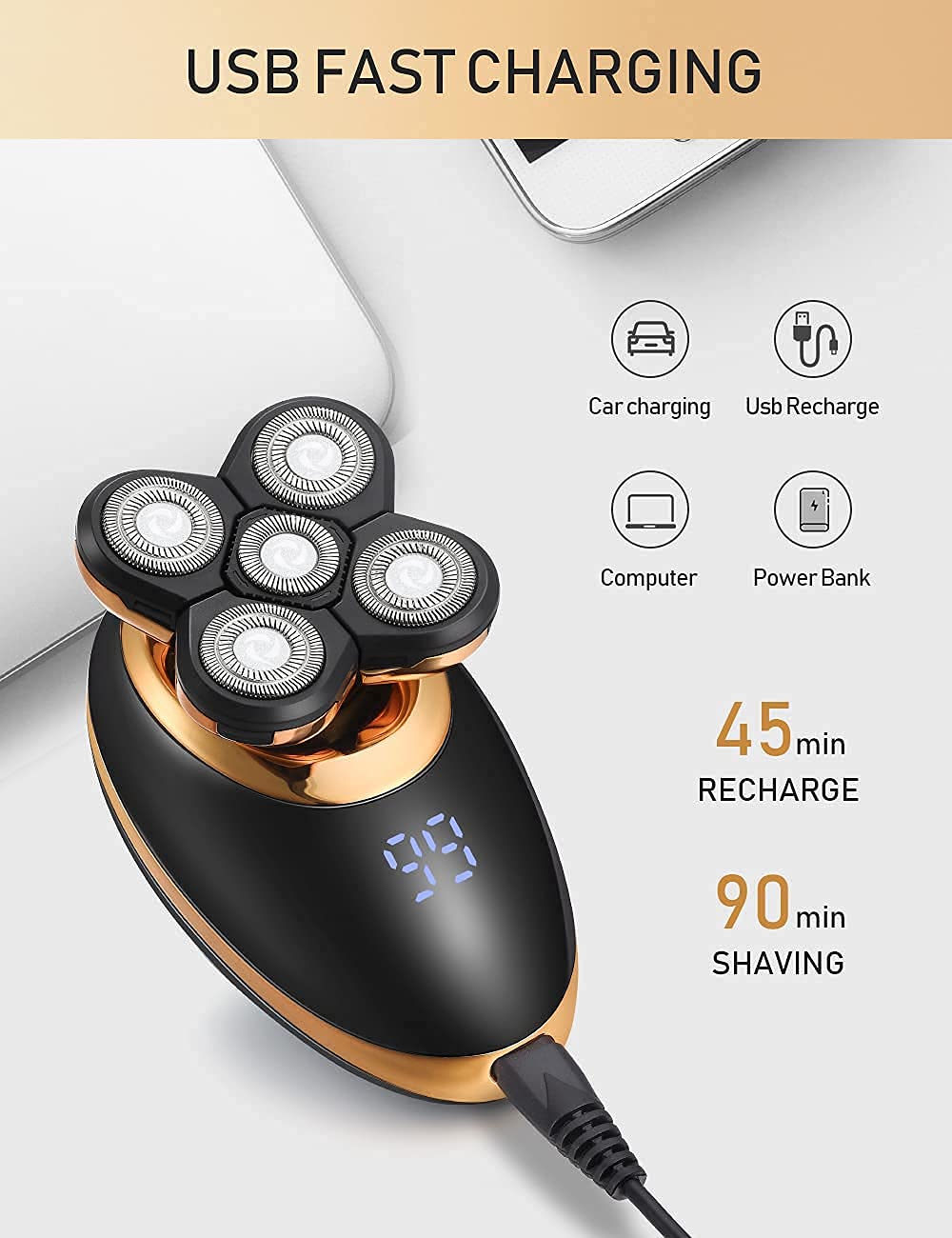 Afeitadora de cabeza eléctrica 5 en 1 para hombres calvos – Afeitadora de cabeza para hombres – Anti-pellizco – Diseño ergonómico – inalámbrico y recargable. (dorado)