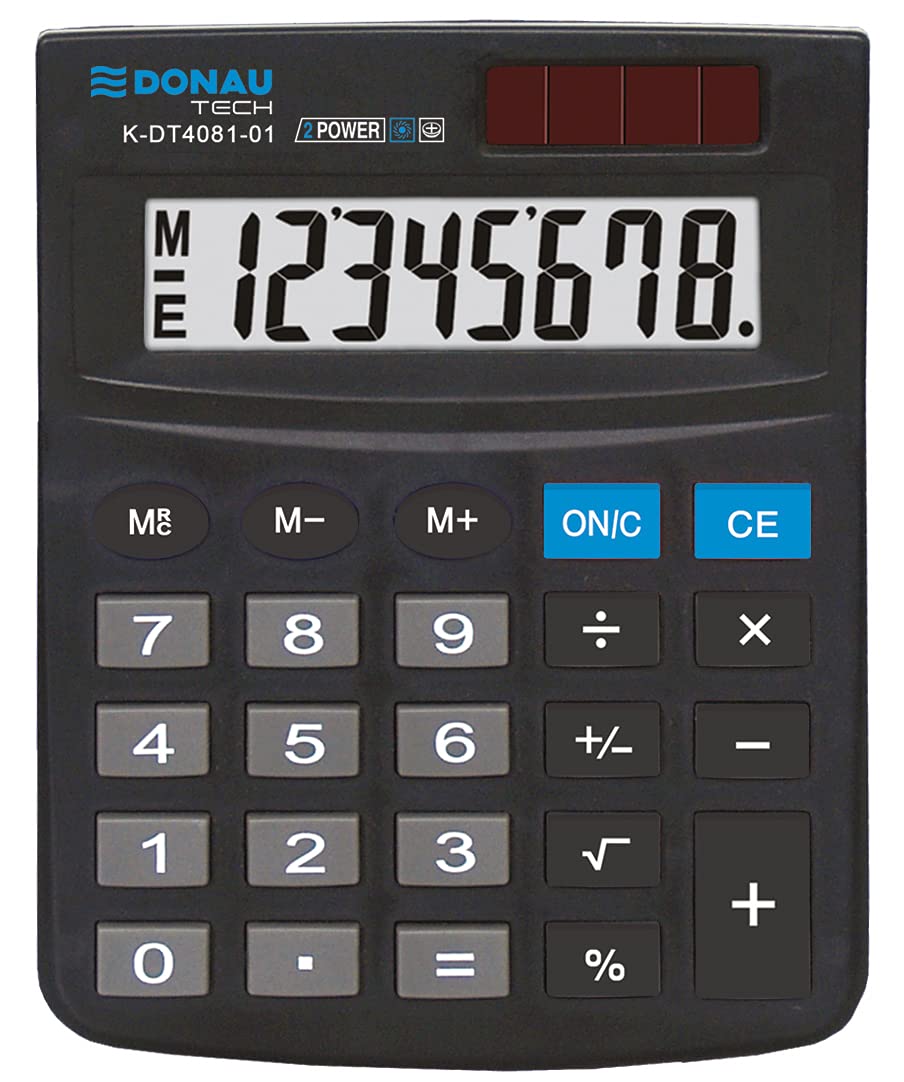 DONAU Tech K-DT4081-01 8-Digit Calculator Root Function 134 x 104 x 17 mm Black with 8-Digit Display Dual Power Solar Battery Operated Compact Design