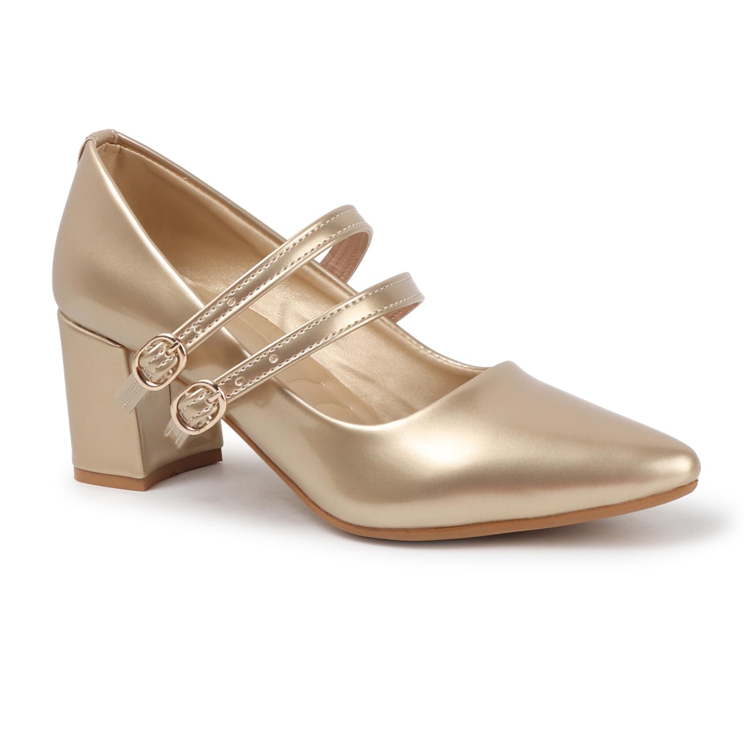 charmwalk Women's Maroon Block Heel Pumps with Double Strap | Stylish Glossy Formal Heels (Gold, UK Footwear Size System, Adult, Women, Numeric, Medium, 4)-picture-26