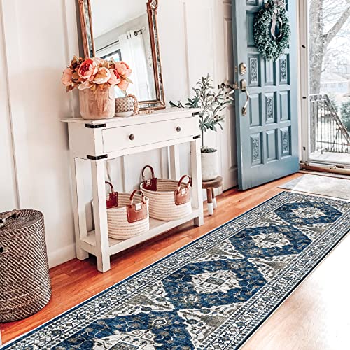 Hallway Washable Runner Rug - 2x10 Kitchen Rugs Entryway Rug Runner Vintage Soft Floor Mat Non Slip Indoor Farmhouse Carpet for Bathroom Living Room Bedroom (2 X 10, Blue)