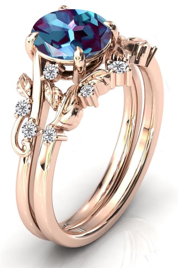 Alexandrite Engagement Ring Set with Real Diamond10k 14k 18k soild Gold Ring for Her,Wedding Bridal Promise Ring for Women Jewelry Gift for Her (G-H Color, I2-I3 Clarity)