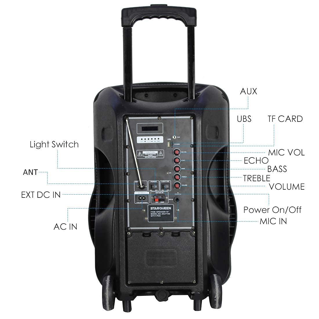 STARQUEEN 15Inch Portable Bluetooth Speaker, Rechargeable PA System