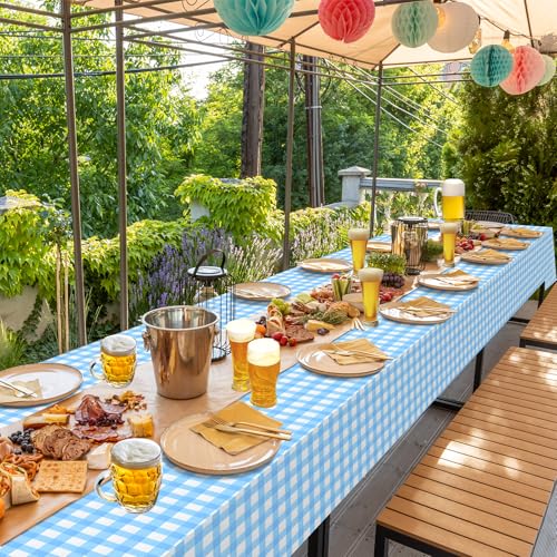 Image of 3Pack Light Blue and White Plastic Checkered Tablecloth, Premium Decorative Disposable Light Blue Gingham Plaid Tablecloth for Party, Rectangle Party Table Cover for Picnic Farm Birthday, 54x108 Inch