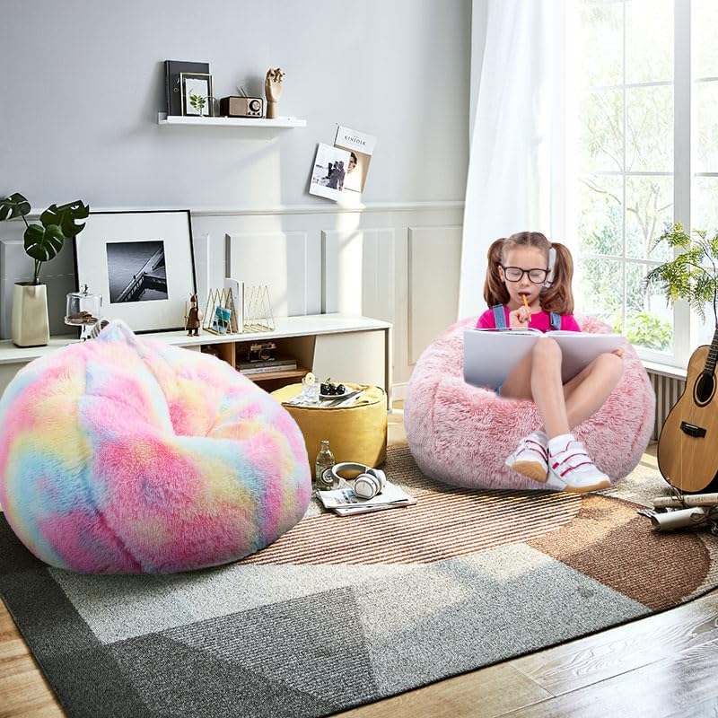 Fluffy Bean Bag Chair for Kids, 2.5FT Round Memory Foam Filled Bean Bag for Teens & Kids, Ultra Soft Faux Fur Fabric Bean Bag Chairs for Playroom, Living Room, Bedroom,Pink 2.5 FT Pink