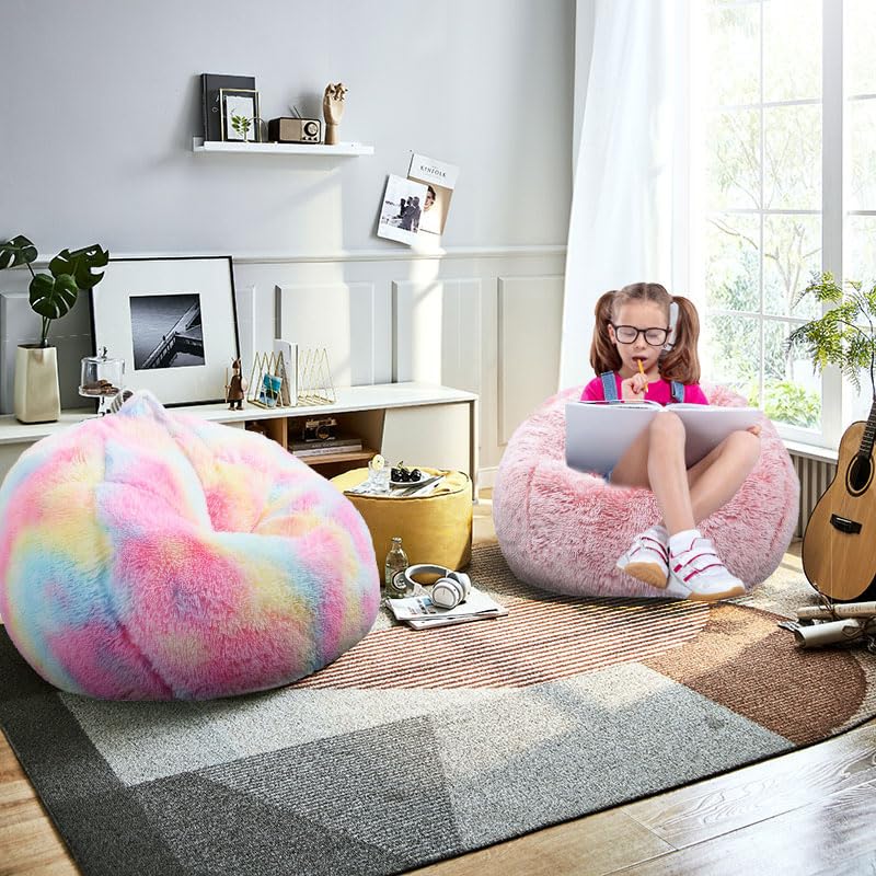 Fluffy Bean Bag Chair for Kids, 2.5FT Round Memory Foam Filled Bean Bag for Teens & Kids, Ultra Soft Faux Fur Fabric Bean Bag Chairs for Playroom, Living Room, Bedroom,Pink - Image 3