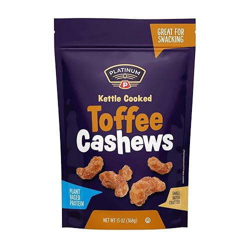 Platinum - Toffee Anacardos bolsa resellable de 13 onzas Anacardos recubiertos de caramelo saborizado Tostado entero Paquetes individuales de