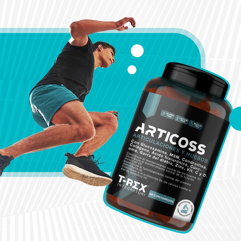 ARTICOSS Suplemento para Articulaciones, Huesos y Cartílagos con Glucosamina, Condroitina, MSM, Garra del Diablo, Vitamina C y D, Colágeno y Ácido Hialurónico. 60 comprimidos.