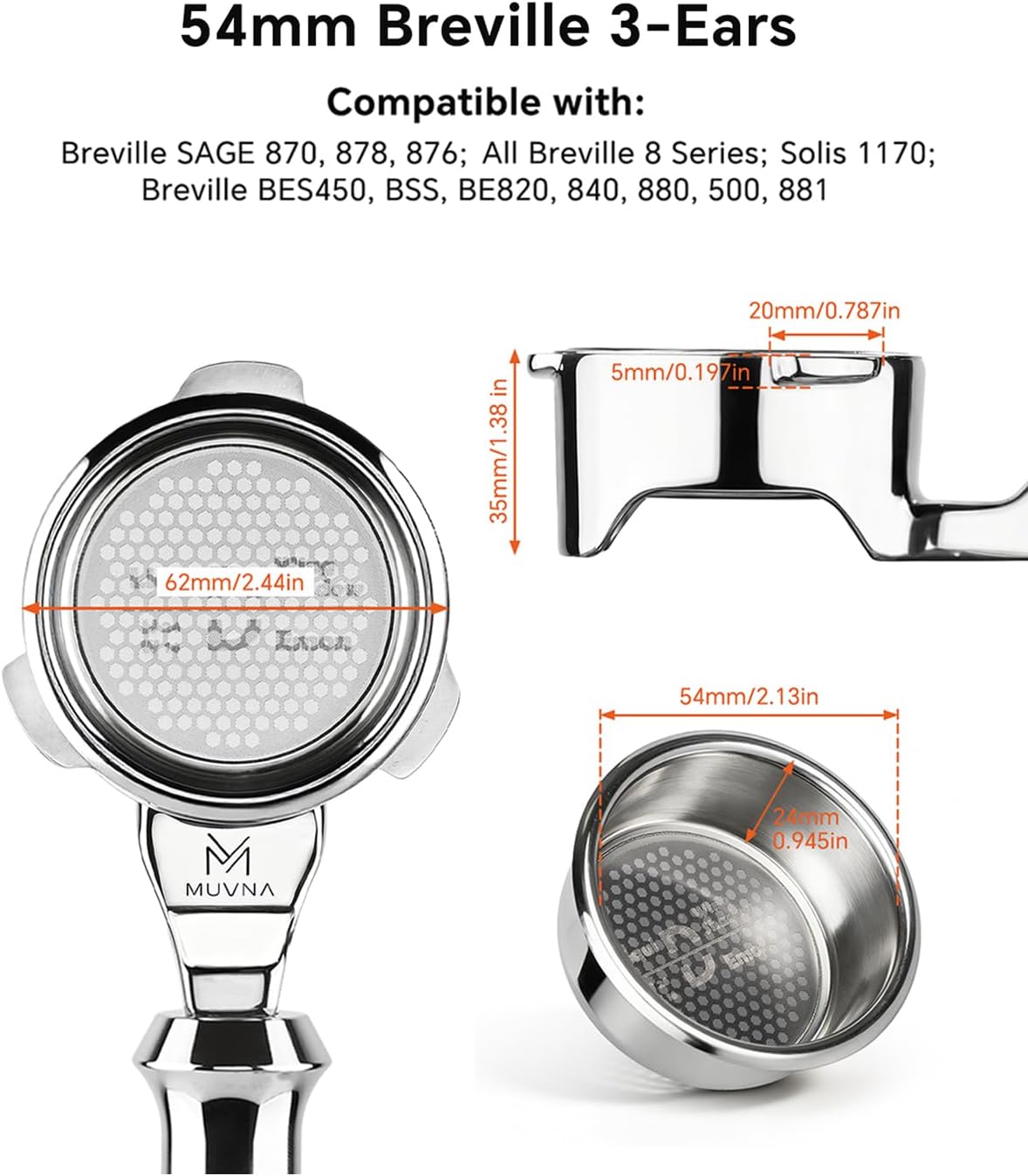 54mm Bottomless Portafilter - Compatible with Breville & Sage Barista Express/Pro/Touch, 3 Ears Naked Handle with 16g Double-layer Basket, SUS304 Stainless Steel, Wood Grain Pattern