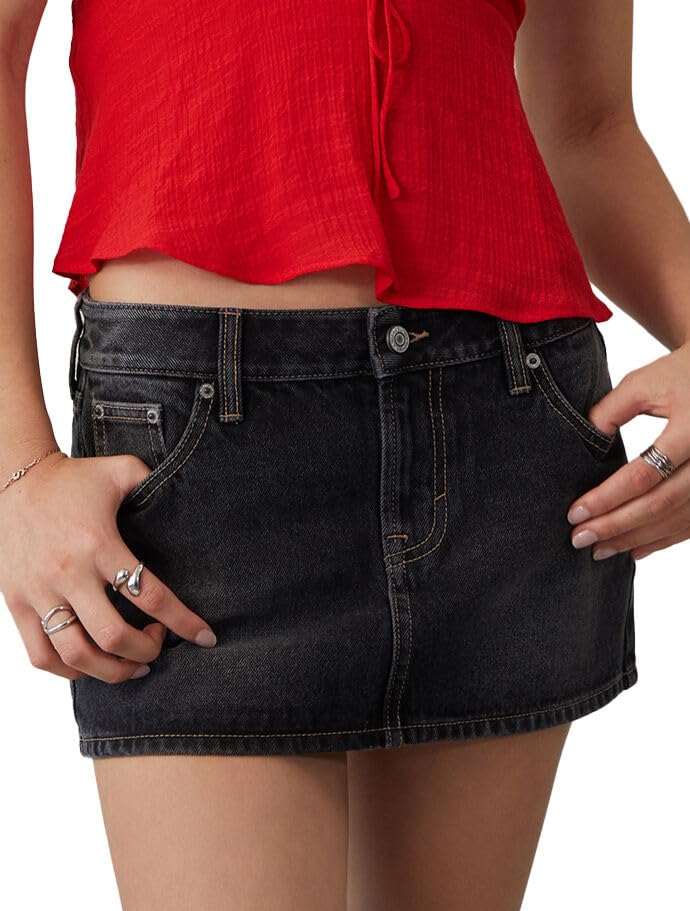 PacSun Women's Piper Black Contrast Stitch Low Rise Denim Micro Mini Skirt