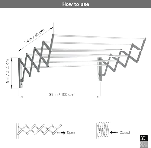 Miniatura 4 de Escurridor de ropa de montaje en pared  Estante de secado de pared expandible de aluminio con 8 varillas  Ideal para lavandería, baño, balcón,