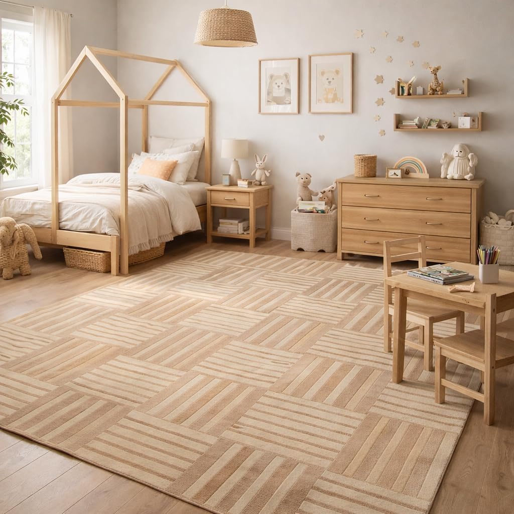 Hand Tufted Wool Area Rug, Beige & Ivory Geometric Patchwork Striped Block Pattern, Modern Neutral Floor Rug 7x10, 6x9, 8x10, 9x12 Sizes