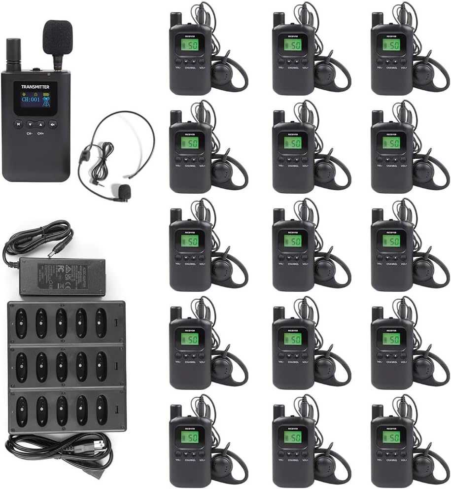 Wireless Tour Guide System, Tour Guide Headsets, Tour Guide Microphone 1 Transmitter 15 Receivers 1 Charger Simultaneous Interpretation System Court Church Translation System for Training Teaching
