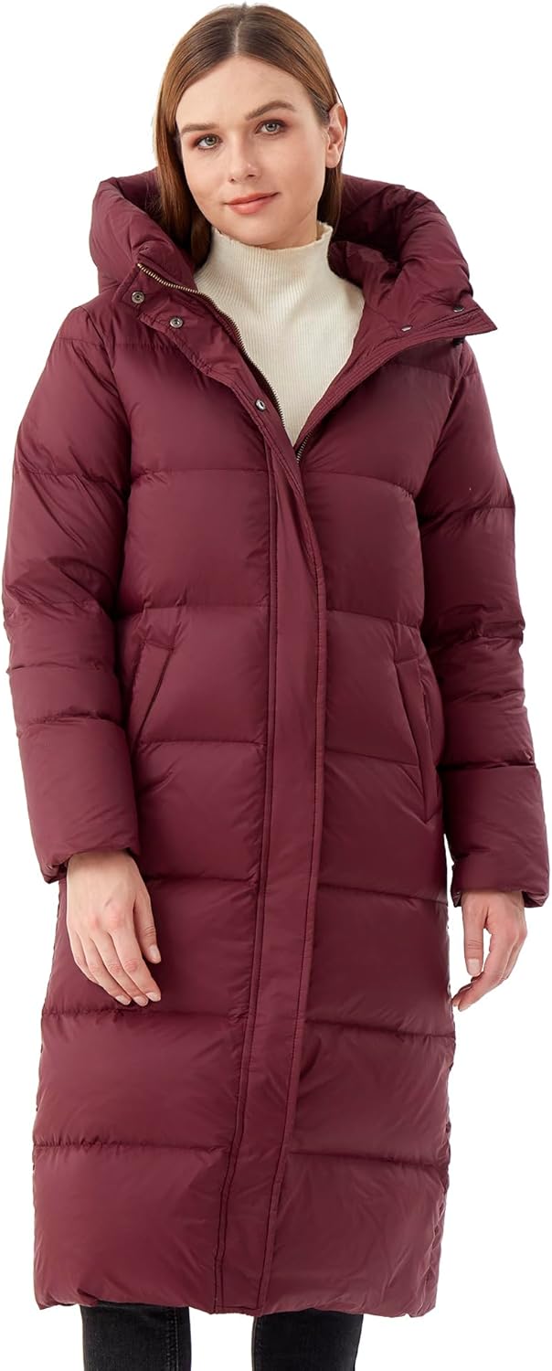 Women’s Long Goose Down Jacket with Hood, Warm Thermal Lining, Knee-Length Winter Puffer Coat