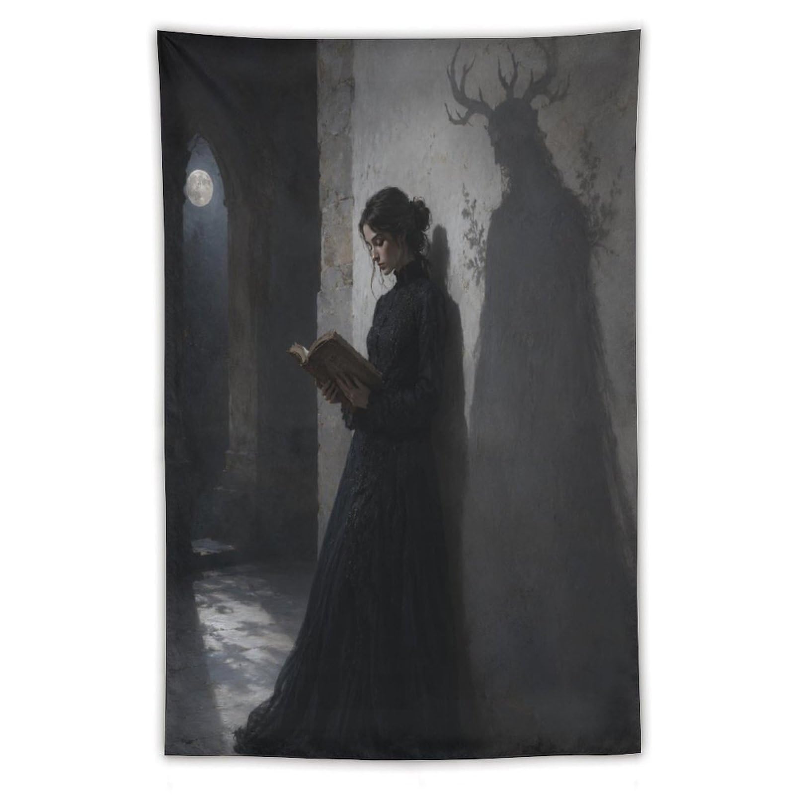 W7C8U2X3 Woman Reading Deer Shadow Wall Tapestry, Dark Literary Mood