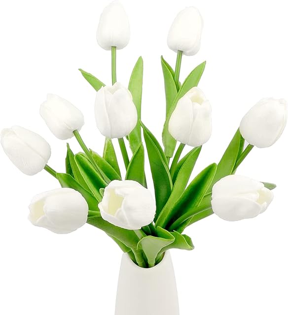 Aoleytech 10Pcs Artificial Tulip Flowers Real Touch Tulip Bouquet Fake Silk Tulips Plastic Flowers for Home Garden Wedding Party Window Sill Ornaments Table Indoor Outdoor Decoration (White)