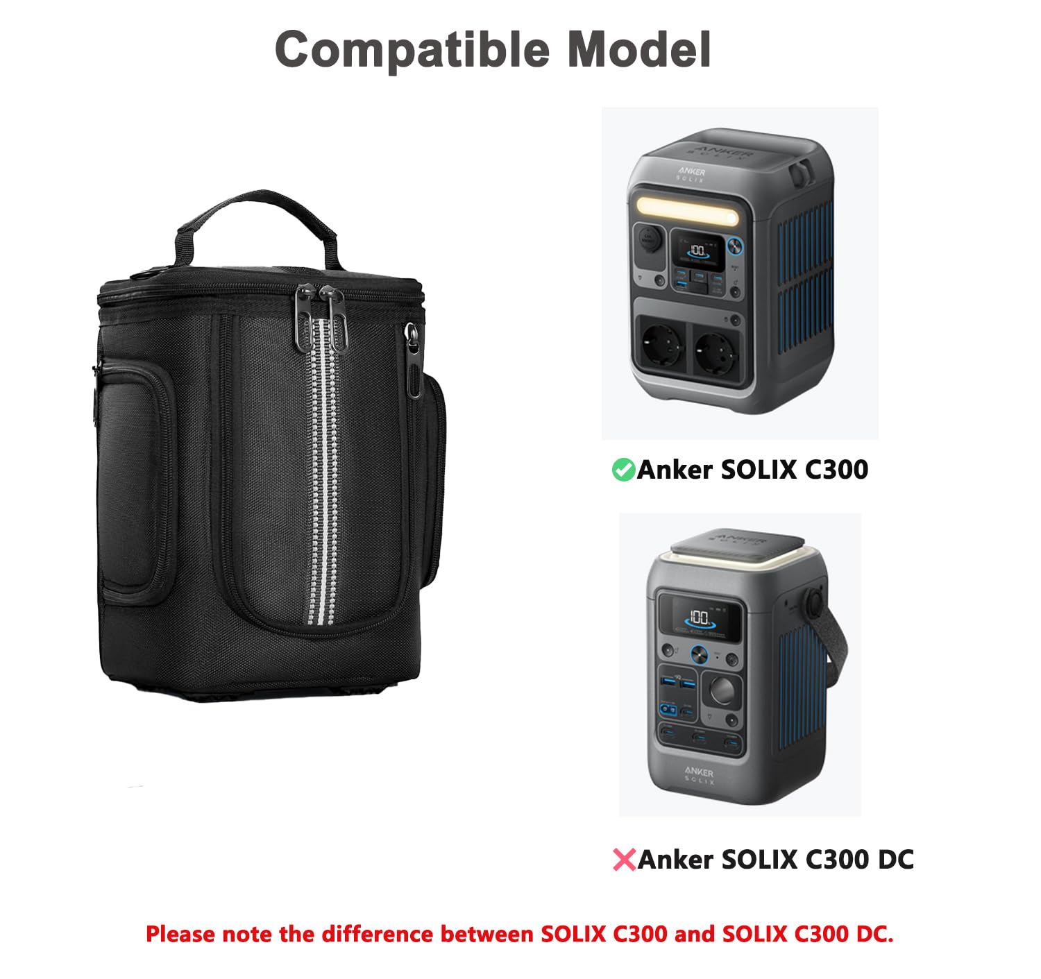 Sac de transport souple compatible avec la station d'alimentation portable Anker SOLIX C300, étui de rangement de voyage pour alimentation, câble de charge et accessoires (C300 DC non