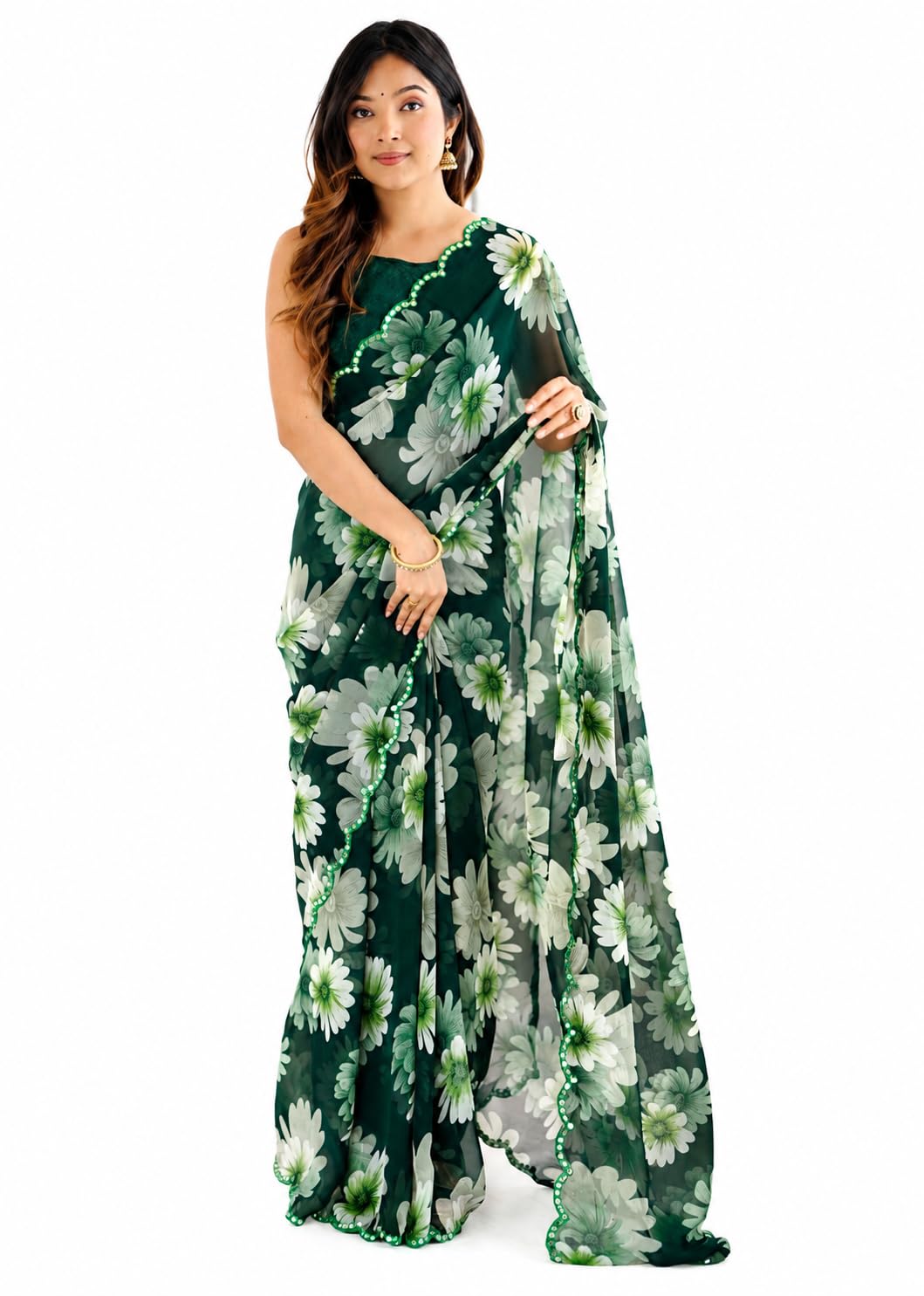 Floral Print Georgette Saree with Mirror Lace Border.-picture-49