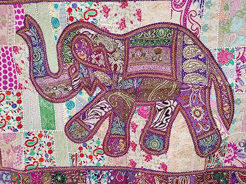 Image of Ekam Art Rajasthani Handmade Heavy Elephant Embroidery Cotton Patchwork Tapestry Cotton Wall Decor Hanging Beaded Tapestries Home Living Room Decor 40 x 60 Inch (Purple)
