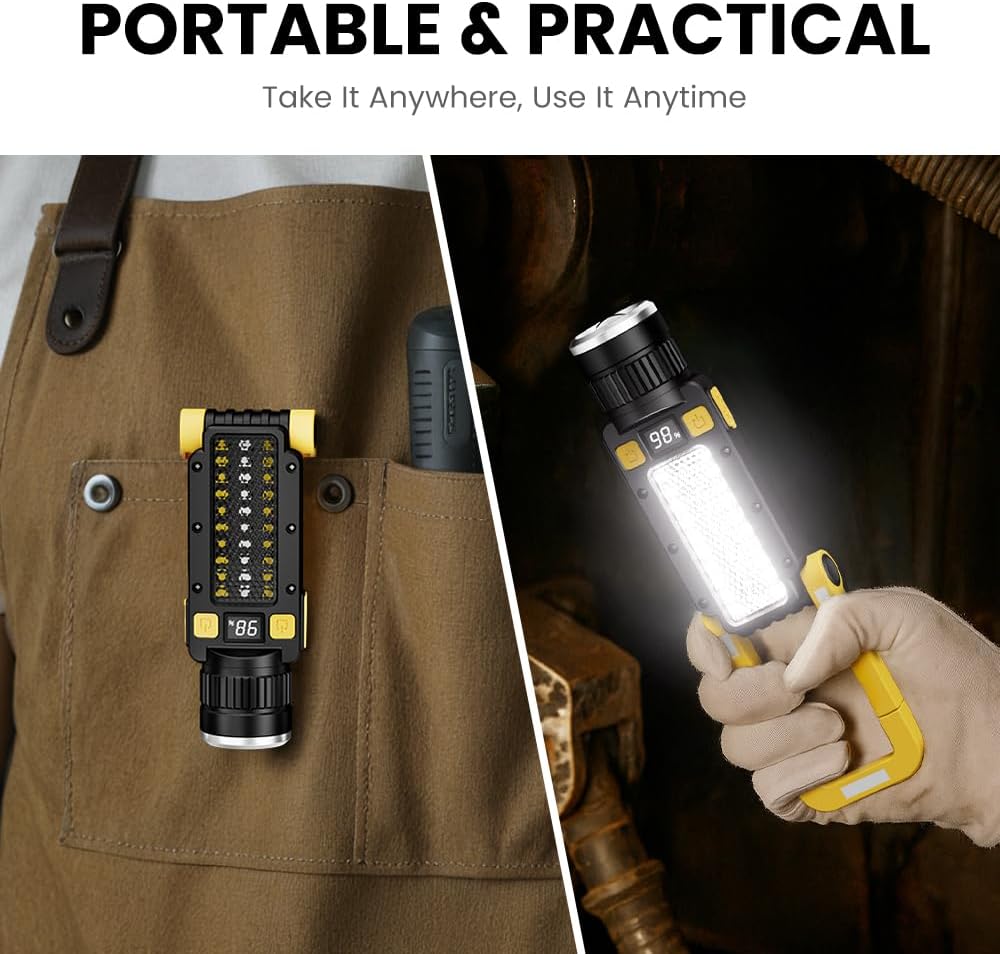 Rechargeable LED Magnetic Work Light, Portable Work Lights, 7 Flashlight Modes with 360° Rotating Hook and Carabiner, USB Charging for Camping, Hunting, and Car Repairs(2 Packs)