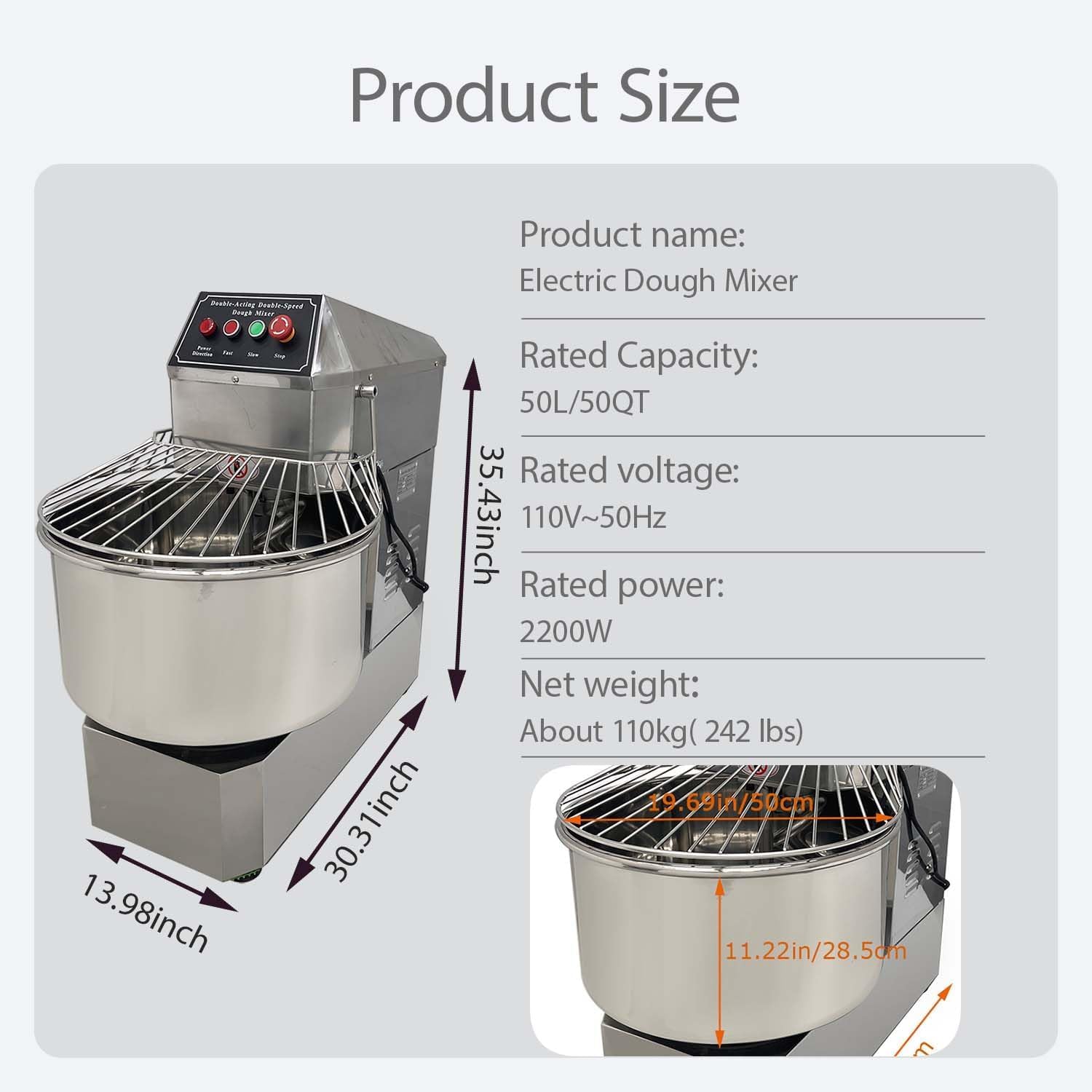 50QT Commercial Dough Mixer, 2200W Electric Dough Flour Kneading Machine, Bread Kneader Professional Stainless Steel Stand Mixer, Dual Action and Dual Speed, for Bakeries Pizzerias 110V