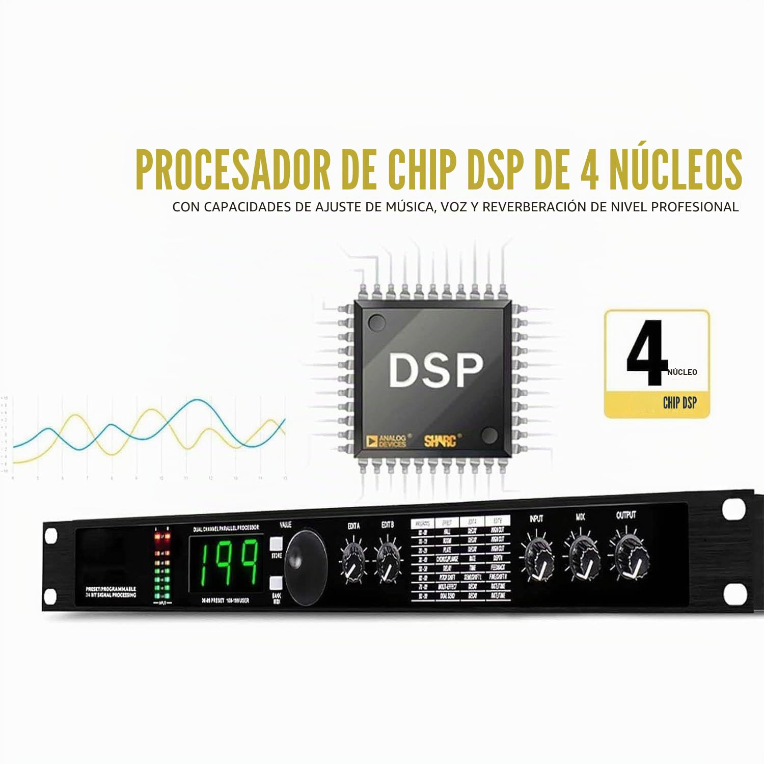 Procesador De Audio Profesional, Ecualizador, Procesador DSP De Reverberación Digital, Procesamiento De Señal De 24 Bits Programable Preestablecido, 99 Programas Preestablecidos, 199 Memoria De Efecto