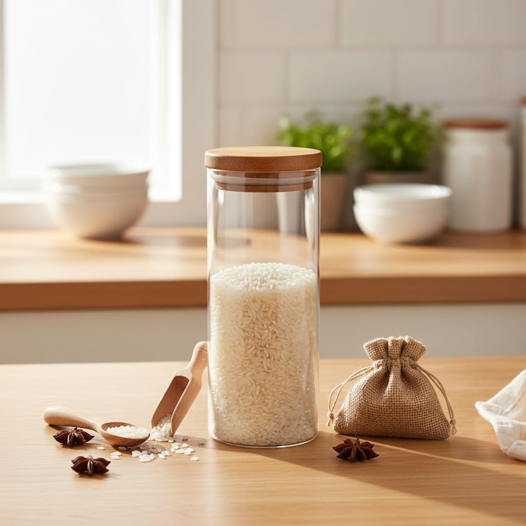 Deconox Doğal Akasya Ahşap Kapaklı Borosilikat Cam Kavanoz - 350 ml Vakumlu Yuvarlak Baharatlık, Çay ve Kahve Saklama Kabı