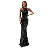 EliteBloom Evening Dress Fashions Women's Sleeveless Sexy Halter Beaded Gowns Sequins Mermaid Guest Ball Prom Party Dresses,Black-L