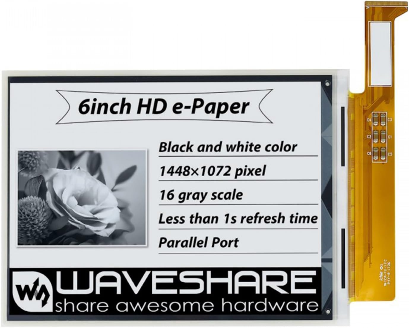 6inch E-Ink Raw Display Compatible with Raspberry Pi 1448×1072 Resolution High Definition Black/White Color 16 Gray Scale Without PCB Supports Partial Refresh